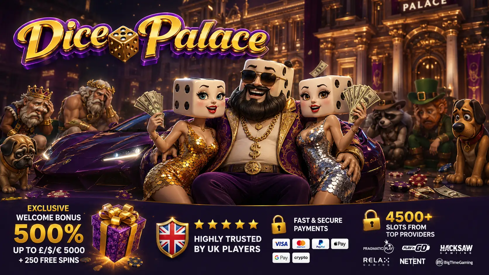 Dice Palace casino welcome bonus — 500% up to £5,000 plus 250 free spins